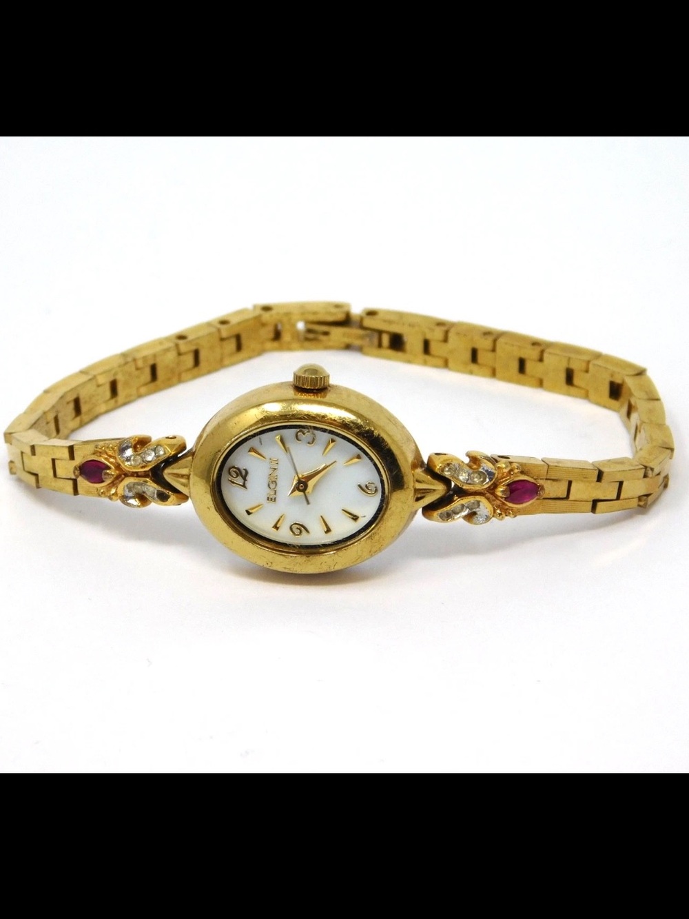 Elgin Women's Watch Ell02 White Dial Gold Ruby Red Accent Ladies Fancy Formal 6"